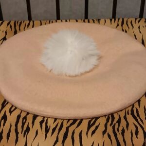 Peach Beret with White Pom Pom